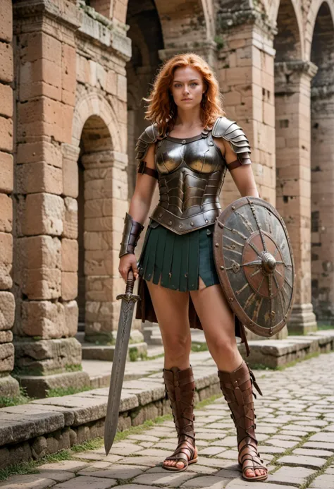 masterpiece, reality, 4k (medium full shot) of (heroic gladiator) young woman, brazilian, tan skin, green eyes, voluptuous build, ginger hair,  murmillo, wearing Galerus on left shoulder, arm guard on right arm, bronze greaves, thick leather sandals, muscle cuirass, holding a gladius sword and a large rectangular shield, set in ancient rome era, in  an ancient colosseum, with towering stone arches, rows of weathered stone benches, and a grand arena floor surrounded by imposing walls, at noon, woman smiling