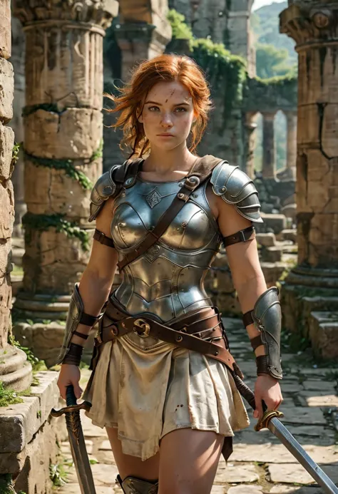 (medium full shot) of (strong gladiator) young woman, british, tan skin, hazel eyes, willowy build, ginger hair,  murmillo, wearing Manica on right arm, galerus on left shoulder, bronze greaves, loincloth, leather belt, bronze helmet with cheek guards, holding a gladius sword and a large rectangular shield, set in ancient rome era, in  a decayed colosseum, overgrown with vines, with cracked stone benches, moss-covered columns, and an arena floor littered with ancient relics, woman smiling, ,Masterpiece,best quality, photo, realistic, very aesthetic, detailed face,