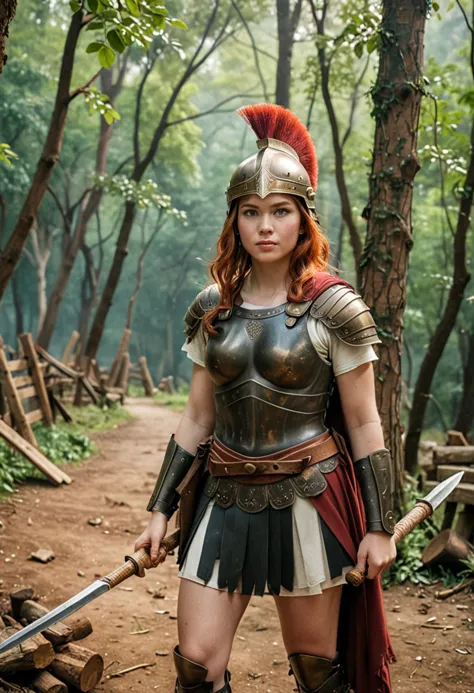 (medium full shot) of (heroic gladiator) young woman, philippine, pale skin, hazel eyes, normal build, red hair,  hoplomachus, wearing Manica on right arm, gladiator helmet, bronze greaves, loincloth, leather belt, bronze helmet with cheek guards, holding a spear and a small round shield , set in ancient rome era, in  a tranquil forest at dawn, with mist hanging in the air, rustic picnic tables, and wooden swings hanging from sturdy branches, woman smiling, ,Masterpiece,best quality, photo, realistic, very aesthetic, detailed face,