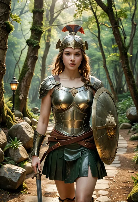 (medium full shot) of (fierce gladiator) young woman, french, pale skin, dark green eyes, slender build, hazel hair,  murmillo, wearing bronze helmet with fish motif, leather skirt with metal plates, leather bracers, holding a gladius sword and a large rectangular shield, set in ancient rome era, in  a mystical forest, bathed in dappled sunlight, with moss-covered rocks, ancient stone statues, and a winding path lined with lanterns, at dusk, woman smiling, ,Masterpiece,best quality, photo, realistic, very aesthetic, detailed face,