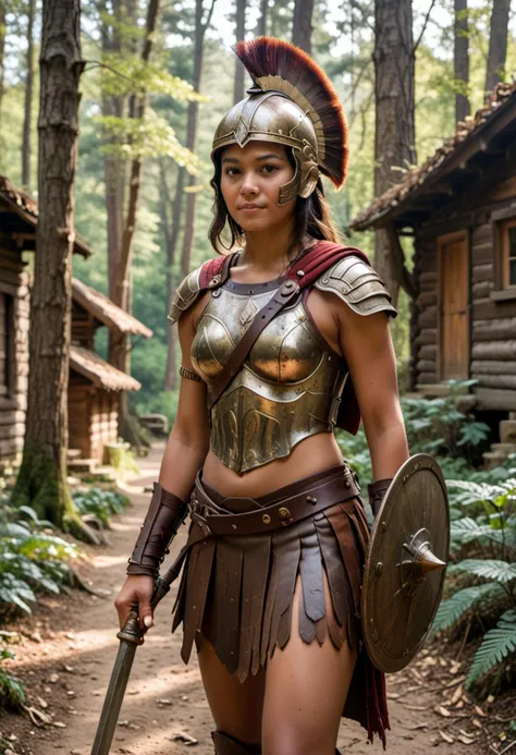 masterpiece, reality, 4k (medium full shot) of (impressive gladiator) young woman, indian, caramel skin, hazel eyes, petite build, brown hair,  murmillo, wearing Manica on right arm, galerus on left shoulder, bronze greaves, loincloth, leather belt, bronze helmet with cheek guards, holding a gladius sword and a large rectangular shield, set in ancient rome era, in  an enchanted forest, with glowing mushrooms, winding dirt paths, and wooden cabins nestled among the towering trees, at noon, woman smiling