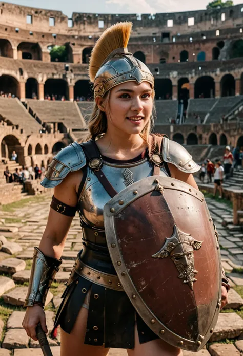 (medium full shot) of (powerful gladiator) young woman, thai, pale skin, hazel eyes, Average build, blonde hair,  secutor, wearing smooth helmet, manica on right arm, leather greaves, holding a gladius sword and a large rectangular shield, set in ancient rome era, in  a grand colosseum at dusk, with shadows playing across the stone walls, rows of stone bleachers, and a central arena marked by centuries of battles, at dusk, woman smiling, ,Masterpiece,best quality, photo, realistic, very aesthetic, detailed face,