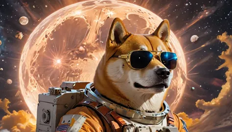 arafed dog wearing sunglasses and a space suit in front of a full moon