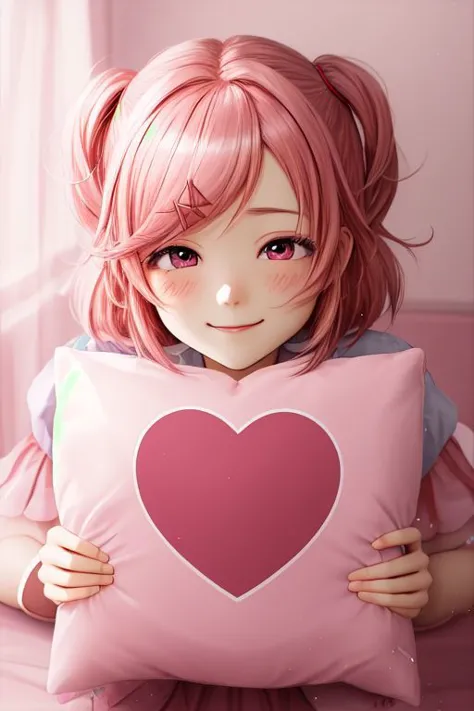 Natsuki, doki doki literature club, shiny smile, Pillow, cuddling pillow, 1 girl, pink hair, face focus, fancy details, heart pa...