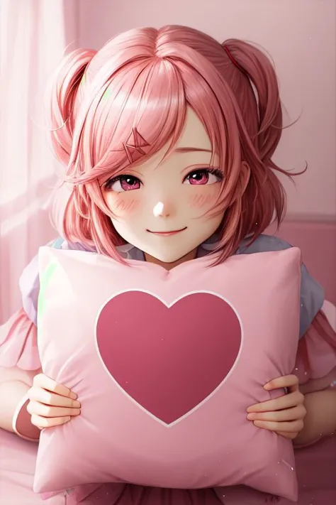 Natsuki, doki doki literature club, shiny smile, Pillow, cuddling pillow, 1 girl, pink hair, face focus, fancy details, heart particles, high-detailed eyes, hair ornament, x hair ornament,  pink eyes, sly smile, heart-shaped pillow,