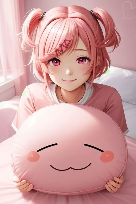 Natsuki, doki doki literature club, shiny smile, Pillow, cuddling pillow, 1 girl, pink hair, face focus, fancy details, heart pa...