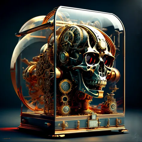 there is a clock with a skull inside of it