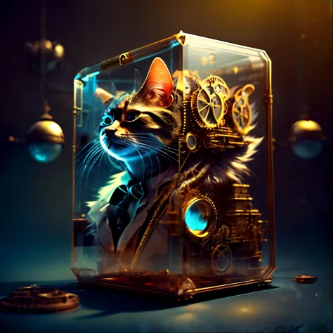 there is a cat that is inside of a glass box