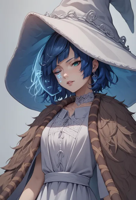 a woman in a hat and dress with a blue hair