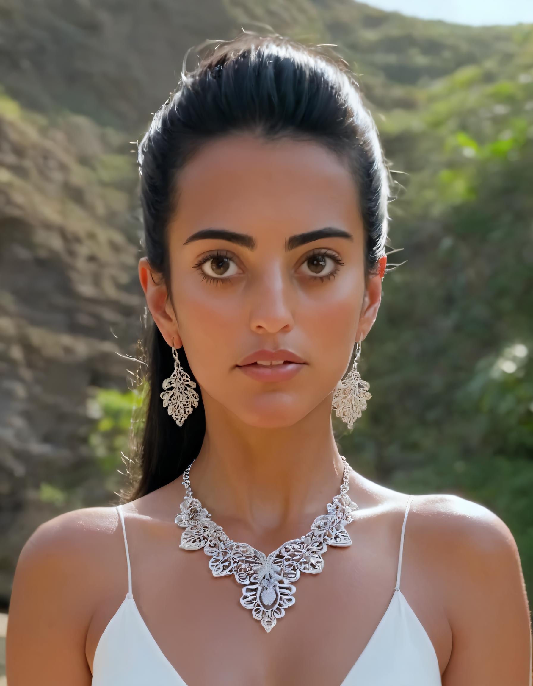 A close up of a woman with long hair wearing a white top - SeaArt AI