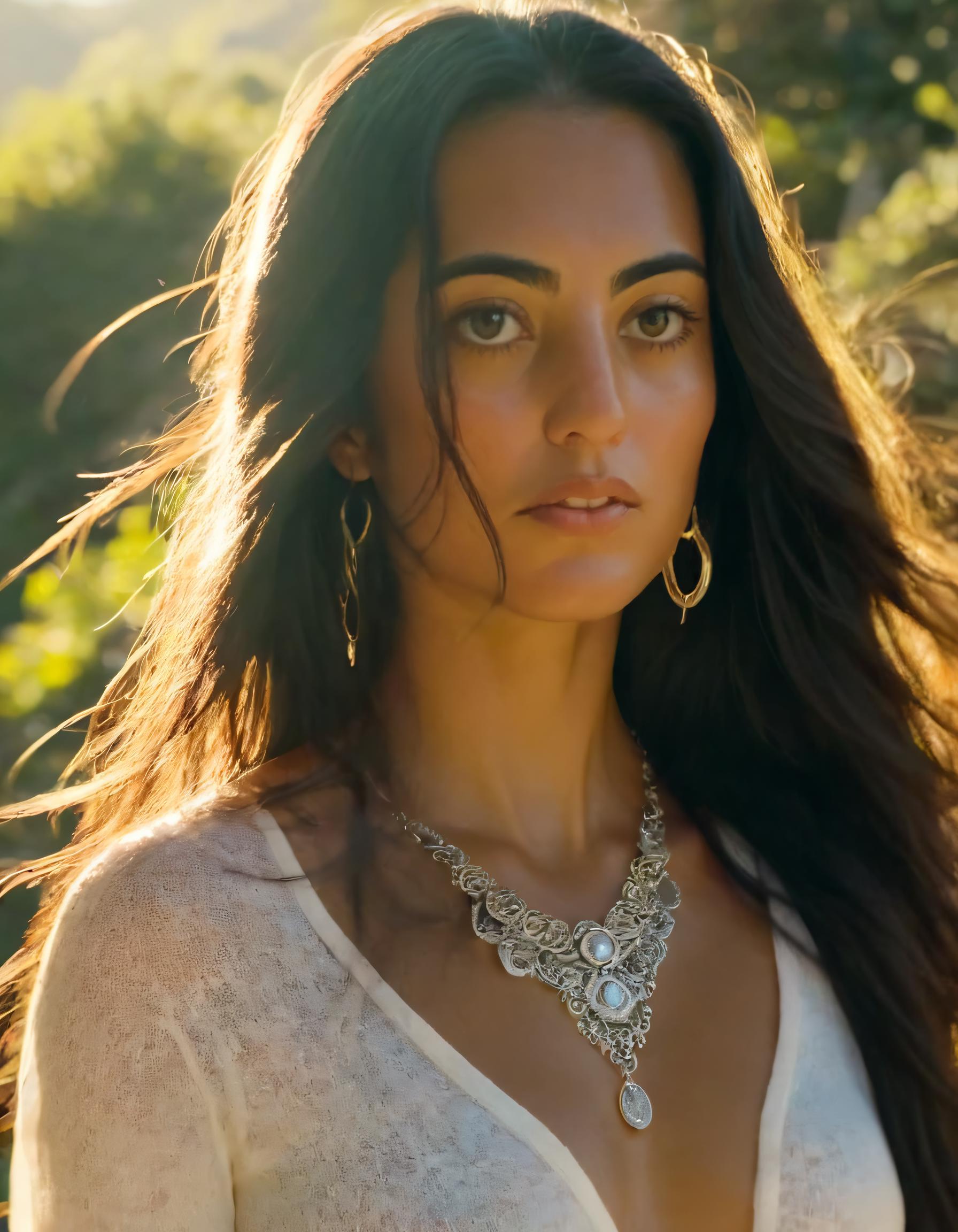 A close up of a woman with long hair wearing a white shirt - SeaArt AI