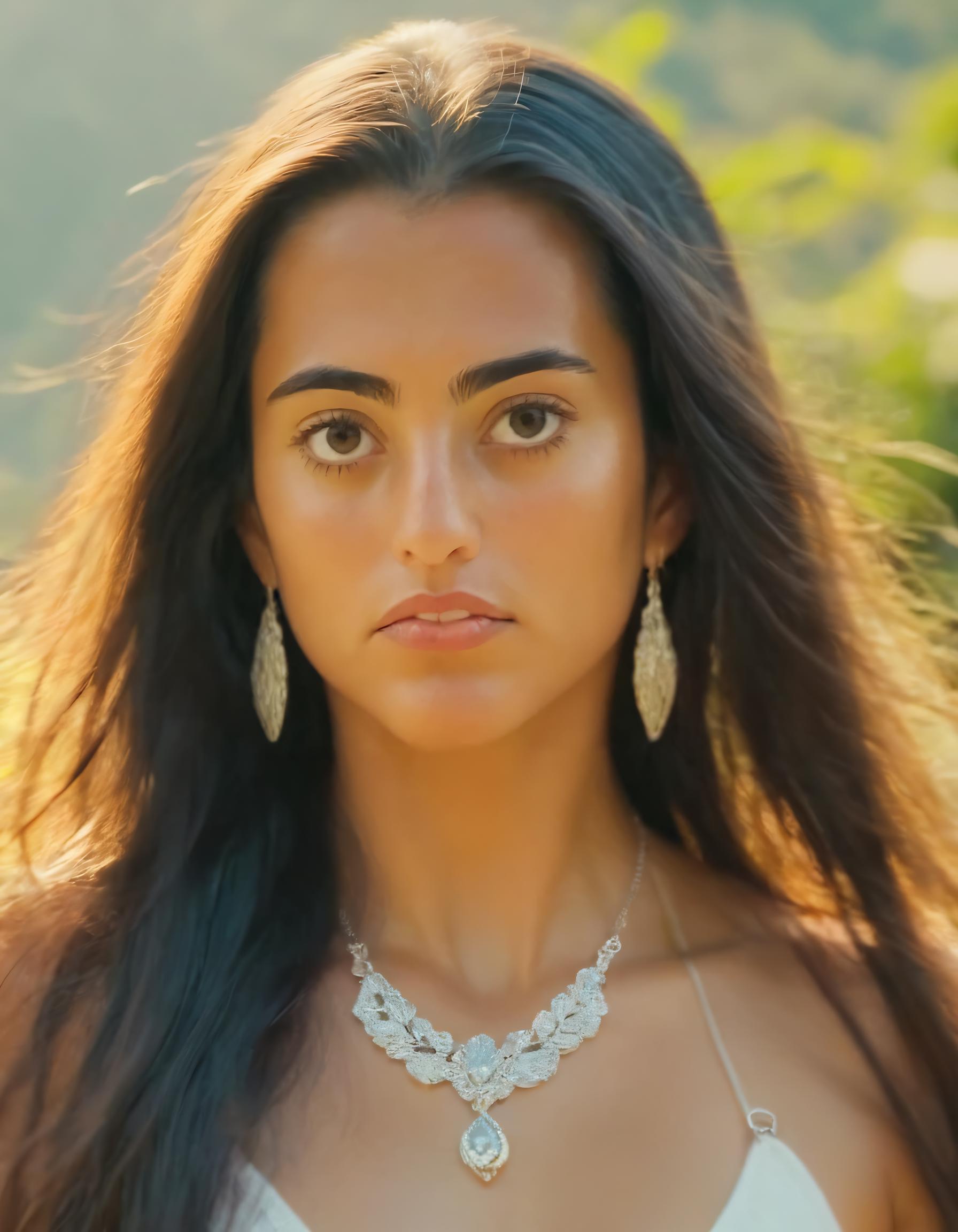 A close up of a woman with long hair wearing a white top - SeaArt AI