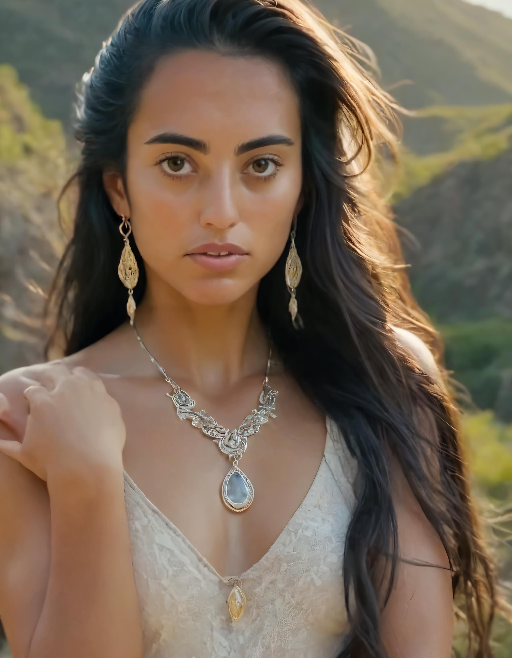 A close up of a woman with long hair wearing a white top - SeaArt AI