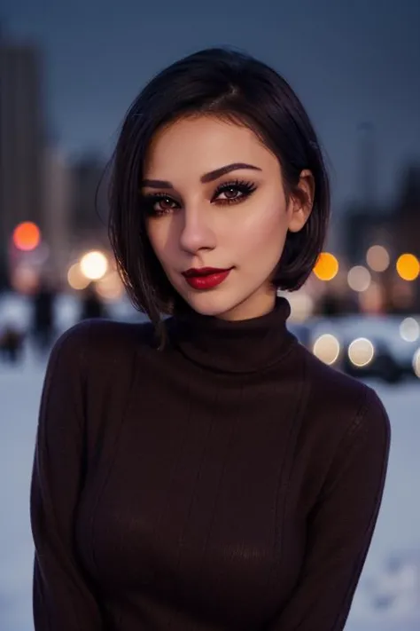 photo of a woman, ((short hair, dark brown hair)), ((turtleneck sweater, jacket)), ((outdoors, city, at night, snow)),smiling, (...