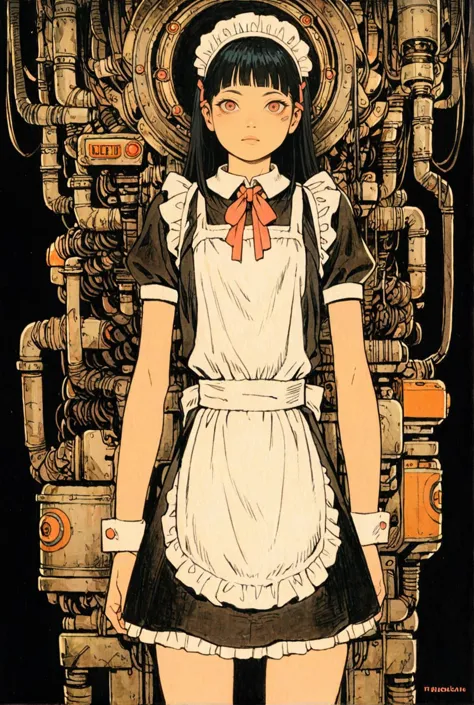 anime girl in maid outfit standing in front of a machine