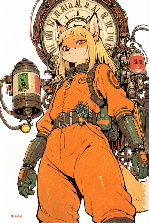 anthro fox girl,blonde,battle suit,machine and weapon,tube,lamp,clock,tatsuyuk,white background,from below,
looking at viewer, cowboy shot, 
<lora:Perfect Hands:1> <lora:age_slider_v4:-3> <lora:pony_excessive5:0.3> <lora:tatsuyuk:0.7>, score_9, score_8_up, score_7_up, score_6_up, score_5_up, score_4_up,zPDXL