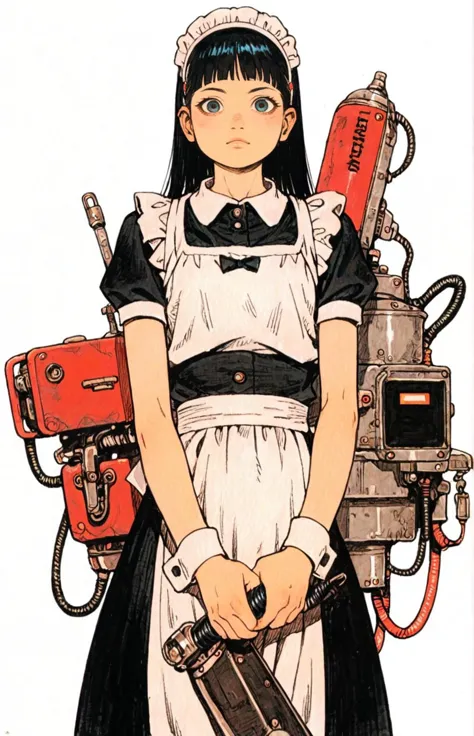 a close up of a woman holding a chainsaw and a machine