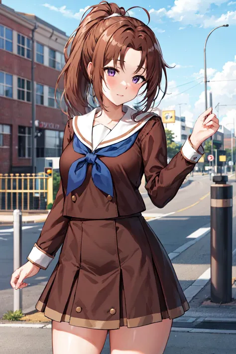 best quality, highres, 1girl, nakagawa natsuki, solo, brown_school uniform, brown hair, skirt, kitauji high school uniform, ponytail, serafuku, sailor collar, neckerchief, pleated skirt, shirt, purple eyes, long sleeves, white sailor collar, blue neckerchief, long hair, brown shirt, brown skirt, bangs, <lora:nakagawa_natsuki_v1:0.7>, cowboy shot,