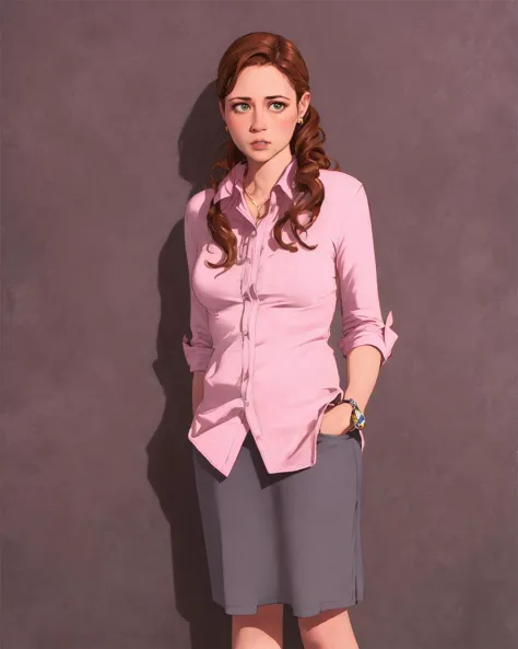 (P4mB3z), standing, confident , blouse, skirt, looking at the viewer, 1girl, solo, wall background, centered,
realistic cartoon artstyle, detailed, masterpiece