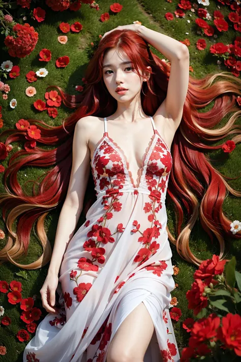 high angle view, full shot, 1girl, long hair, ((red ombre hair)),  two-tone hair, multicolored hair, red eyes, looking at viewer, (OverallDetail), skinny body,
BREAK
(wearing floral print dress), walking through flower fields, (red flowers), vibrant colorful flowers,
<lora:intricatedetails:0.7>
<lora:Background_Detail_v3:1>
<lora:background & distence control:-1>