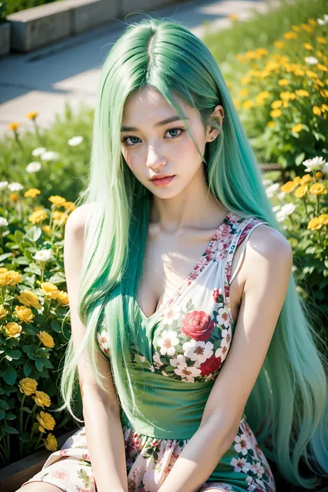 a close up of a woman with long green hair sitting on a bench