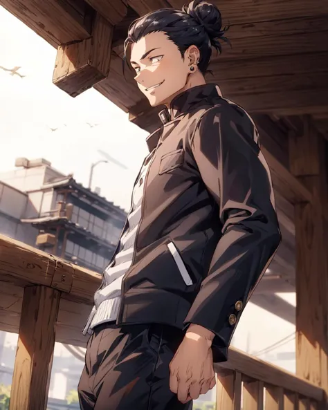 Dutch angle,from side below,Best quality,[best hands:(best hands):10] ,(masterpiece,ultra detailed 8k art,dynamic pose, official art:1.05),tokyo,city,wide Shot,sunlight,  out doors,On Bridge, tall, slim body BREAK
1 man, (adult),getou, solo, smile,short hair, black hair, long sleeves, jacket,cowboy shot, hair bun, black eyes, black jacket, black pant, piercing, single hair bun, ear piercing, gakuran, hair pulled back ,black tabi