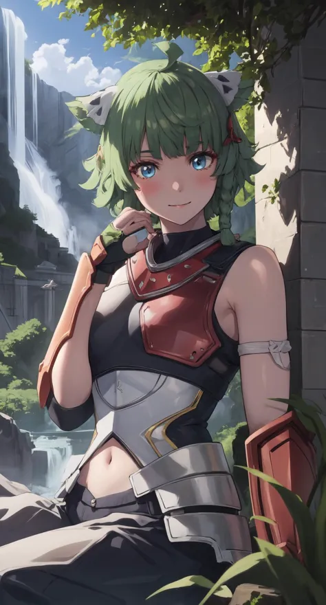 a woman with green hair and a red and white top sitting on a rock