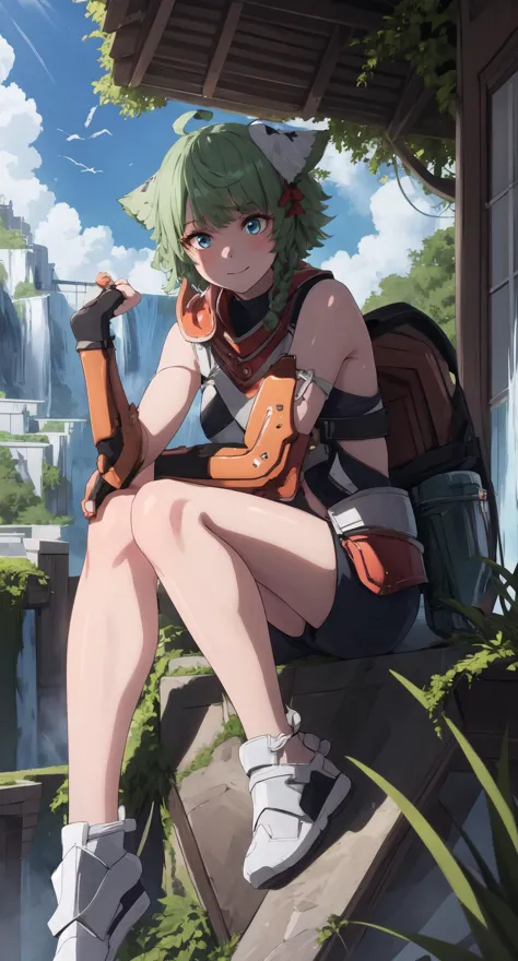 anime girl sitting on a ledge with a backpack and a cell phone