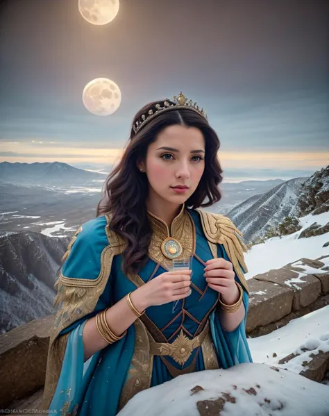 a woman in a blue dress and gold crown standing on a mountain