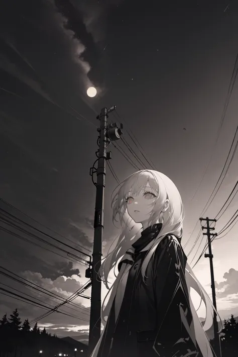 monochrome, 1girl, long hair , white background, greyscale, solo ,sky, scenery, outdoors, star (sky), cloud, starry sky, tree, p...