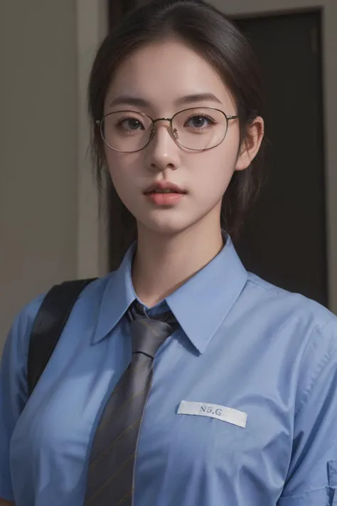 a close up of a woman wearing glasses and a tie