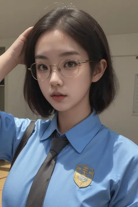 a close up of a woman wearing glasses and a tie