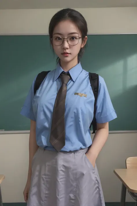 arafed asian woman in a blue shirt and tie standing in front of a chalkboard