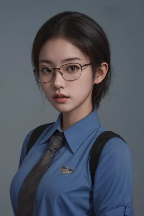 a close up of a woman wearing glasses and a blue shirt