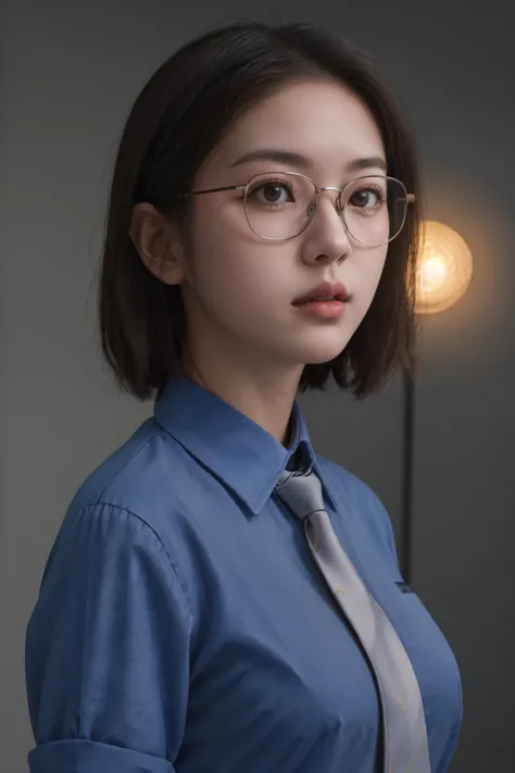 a close up of a woman wearing glasses and a blue shirt