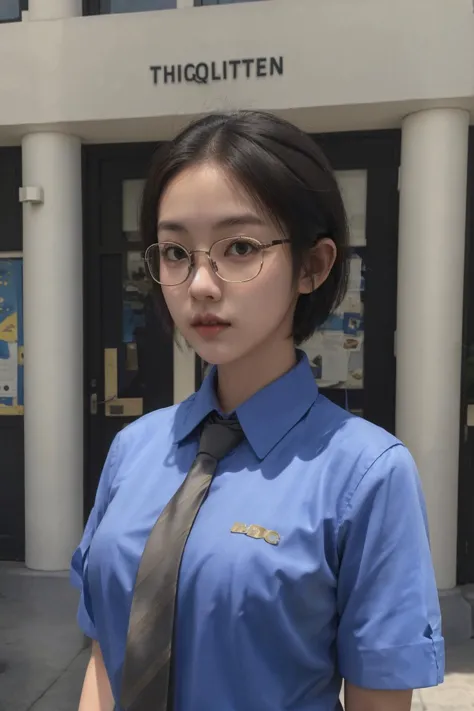 arafed asian woman in a blue shirt and tie standing in front of a building