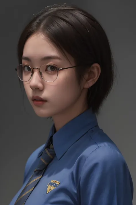 a close up of a woman wearing glasses and a blue shirt