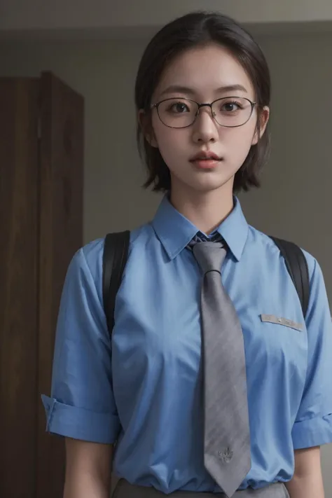 arafed woman in a blue shirt and tie standing in a room