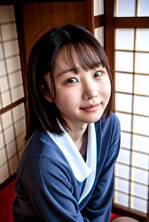 arafed asian woman in a blue and white kimono sitting on a red chair