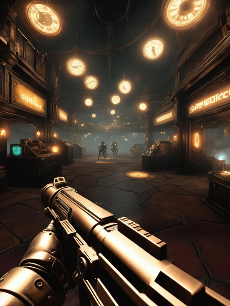 first person view in a warfare in Glitched clockwork emporium, steampunk automatons, time-bending devices, a labyrinth of temporal curiosities., gameplay screenshot, fps gameplay
