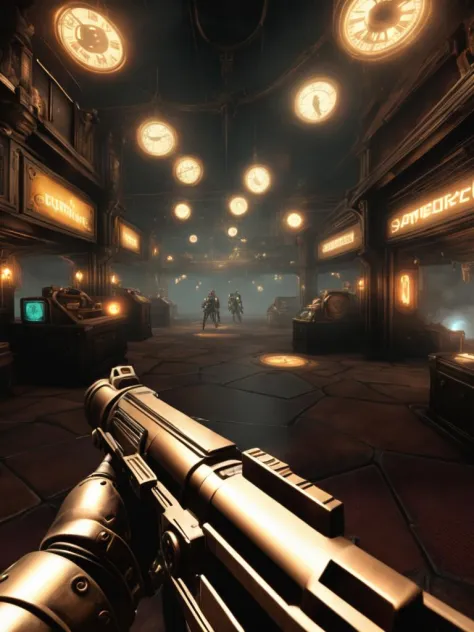 first person view in a warfare in Glitched clockwork emporium, steampunk automatons, time-bending devices, a labyrinth of tempor...