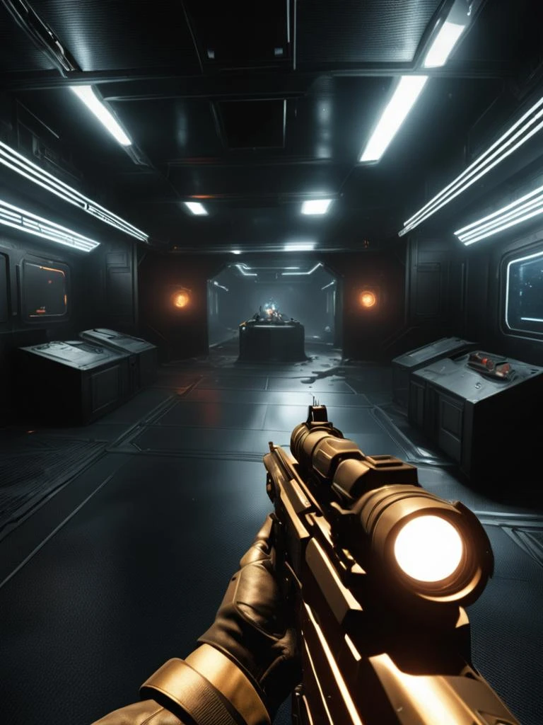 first person view in a warfare in Quantum entanglement chamber, experimental technology probing the mysteries of the multiverse, echoes of alternate realities., gameplay screenshot, fps gameplay