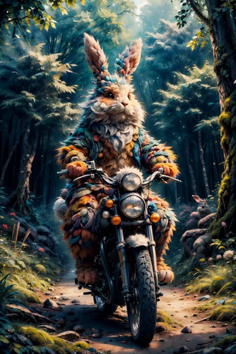 (masterpiece,extremely detailed,realistic,best quality,high resolution,sharp outline,bright colors),rabbit on a bike,woodland,fo...