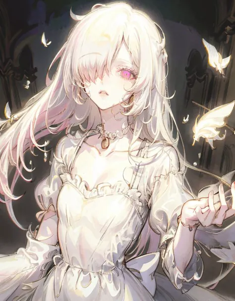 masterpiece, best quality,1girl, a woman, pink eyes, white hair, long hair, white dress, frills, birdcage, moths, collarbone, (m...