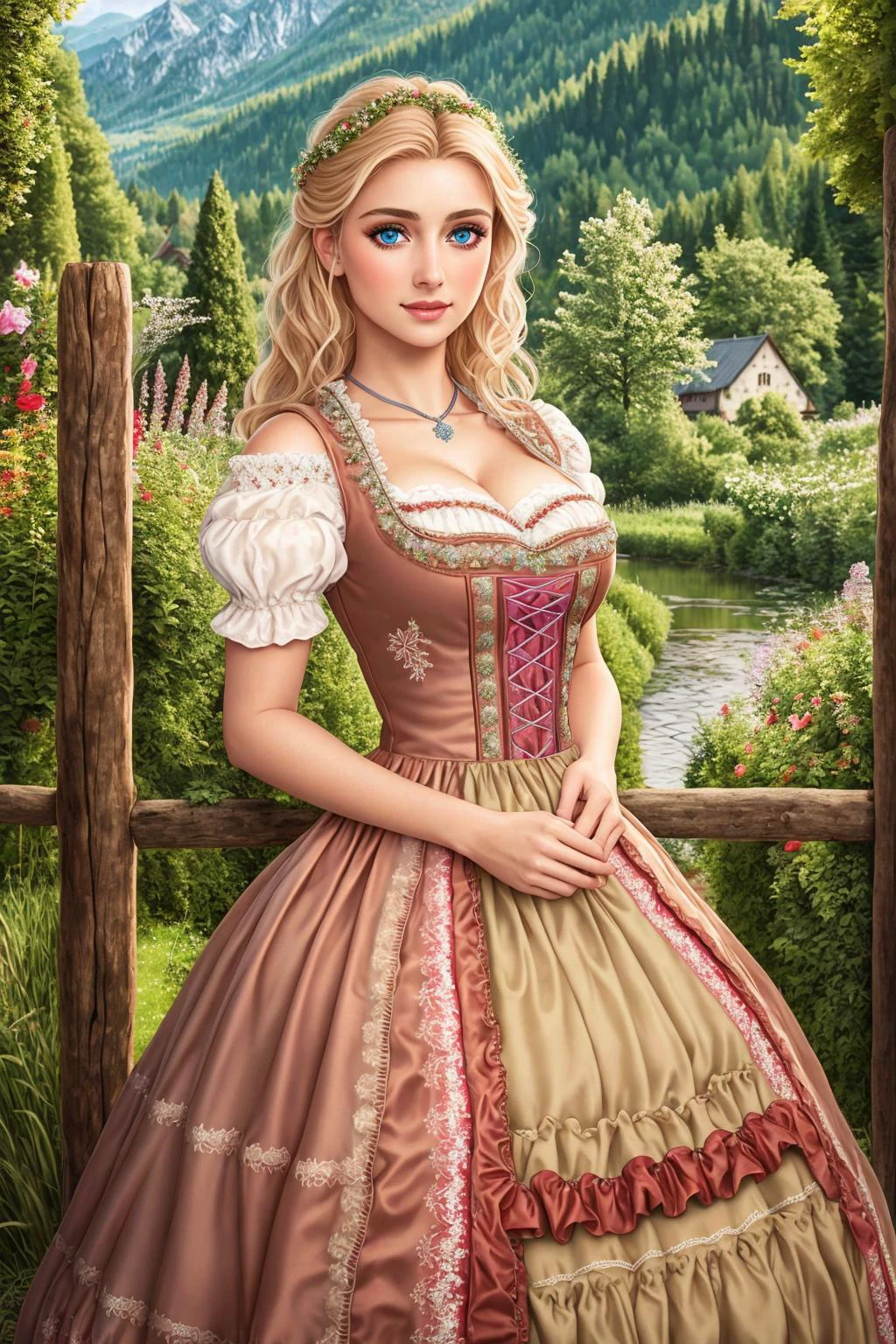 Masterpiece, absurdres,HDR,8k,best quality, ((beautifully detailed eyes and face)),
([ballgown|dirndl]::0.88)
((ballgown)), a woman in traditional bavarian dress, wearing a dirndl
 