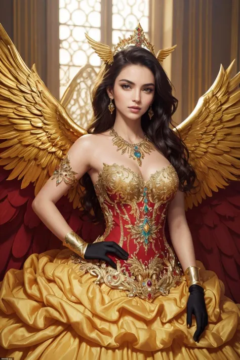((Masterpiece, best quality,edgQuality)),golden wings,
ballgown,edgVS,  elbow gloves, necklace,  hands on hips ,wearing edgVS [l...