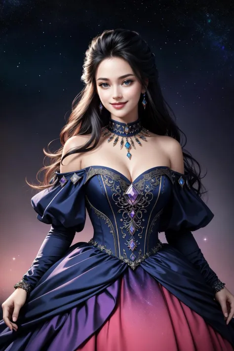 ((Masterpiece, best quality,edgQuality)),smile,smirk,gradient hair , choker,
aedgFD, a ballgown with a lot of stars on it,cosmic...