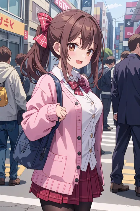 insanely detailed, absurdres, ultra-highres, ultra-detailed, best quality,
1girl, solo, nice hands, perfect hands
BREAK
(School Uniforms:1.2), (pink cardigan is fit body:1.4), ((do up a buttons, not loose):1.5), ((long sleeve, sleeves past wrists):1.2), (inner wear is white collared-shirt:1.3), (red plaid-pattern bow:1.3), (red plaid-pattern pleated skirt:1.3), ((dark-brown pantyhose, loafers):1.2)
BREAK
happy smile, laugh, open mouth, standing,
from side,
cute pose, cowboy shot
BREAK
slender, kawaii, perfect symmetrical face, ultra cute girl, ultra cute face, ultra detailed eyes, ultra detailed hair, ultra cute, ultra beautiful
BREAK
in harajuku, shibuya, tokyo, street, crowd, cityscape
BREAK
medium large breasts,
(brown hair, brown eyes), hime cut