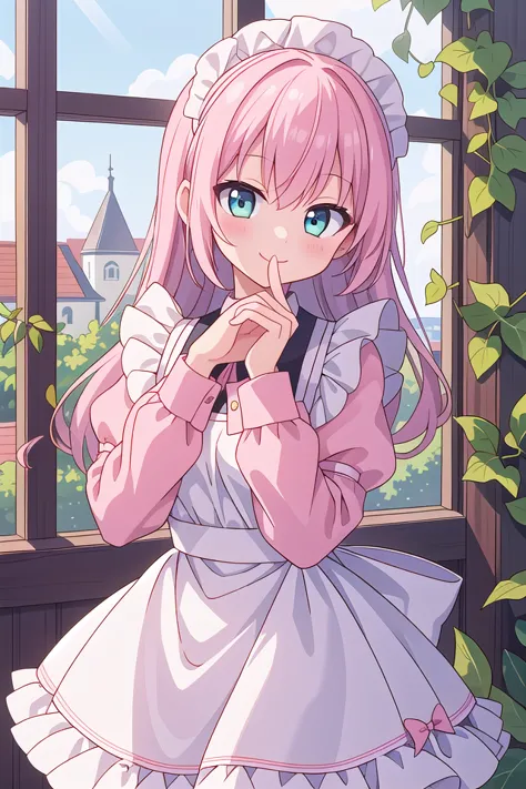 insanely detailed, absurdres, ultra-highres, ultra-detailed, best quality,
1girl, solo, nice hands, perfect hands,
BREAK
apron, blush, bow, bowtie, frilled apron, frills, long sleeves, maid, maid apron, maid headdress, waist apron, white apron
BREAK
smile, closed mouth
BREAK
finger to mouth, index finger raised, shushing, cowboy shot, looking at viewer,
BREAK
slender, kawaii, perfect symmetrical face, ultra cute girl, ultra cute face, ultra detailed eyes, ultra detailed hair, ultra cute, ultra beautiful,
BREAK
day, flower, ivy, leaf, indoors, open door, plant, potted plant, vines, window,
BREAK
white (pink:1.2) hair, green eyes, long hair, medium breasts, bangs, eyebrows visible through hair,