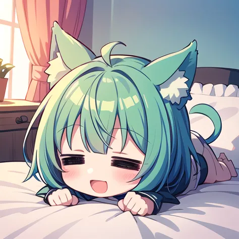 <lora:hotarueye_comic3_type3:1.5>, 1girl, (chibi:1.4), smile, open mouth, dynamic angle, lying on bed, animal ear, green hair, indoors